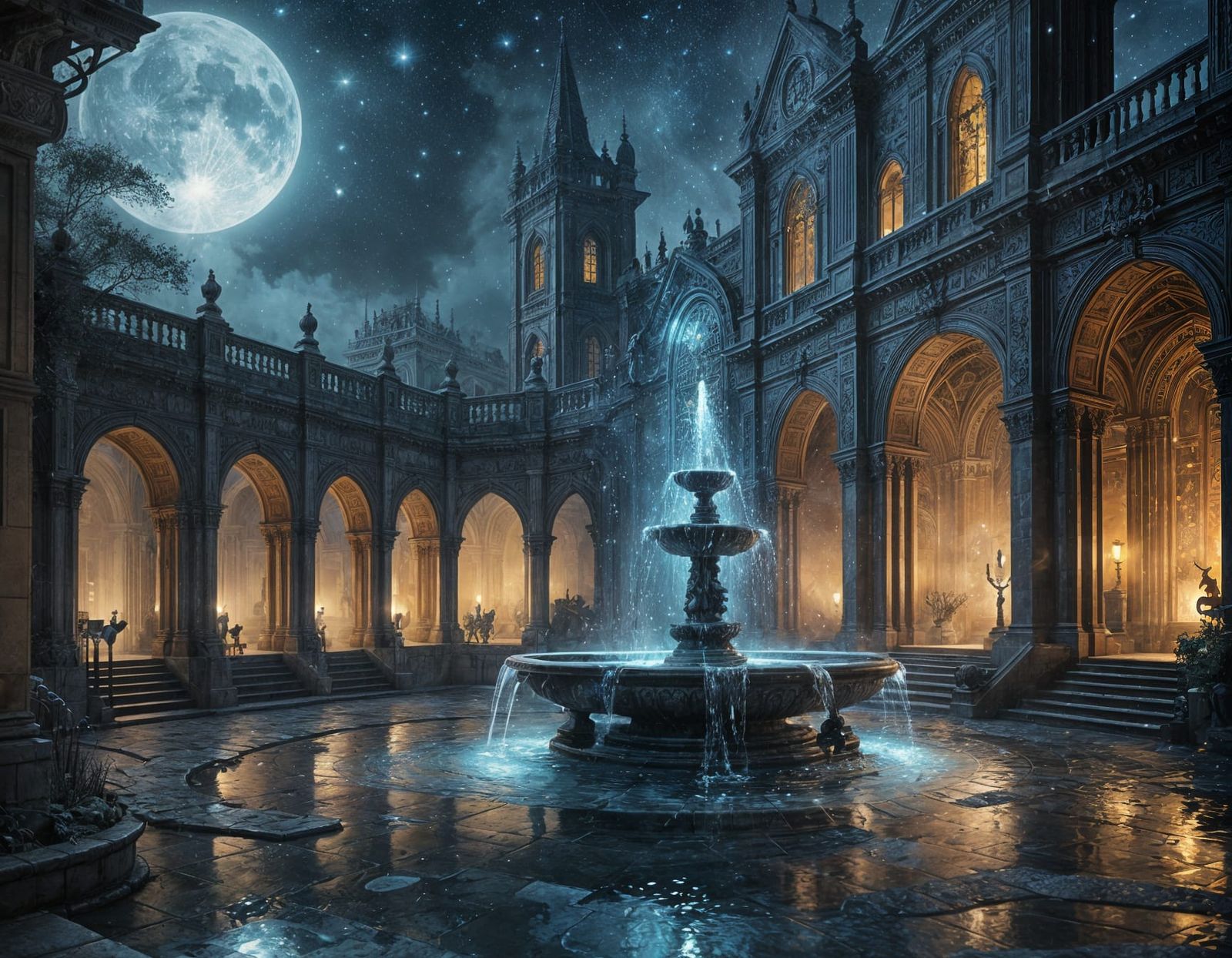 Glowing Fountain in Moonlit Courtyard, Ink Splatter Art