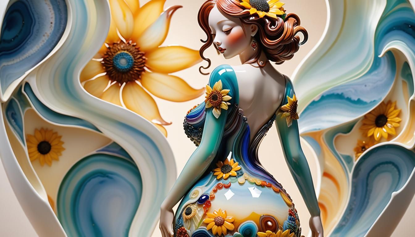 Woman Emerges from Agate Vase with Sunflowers