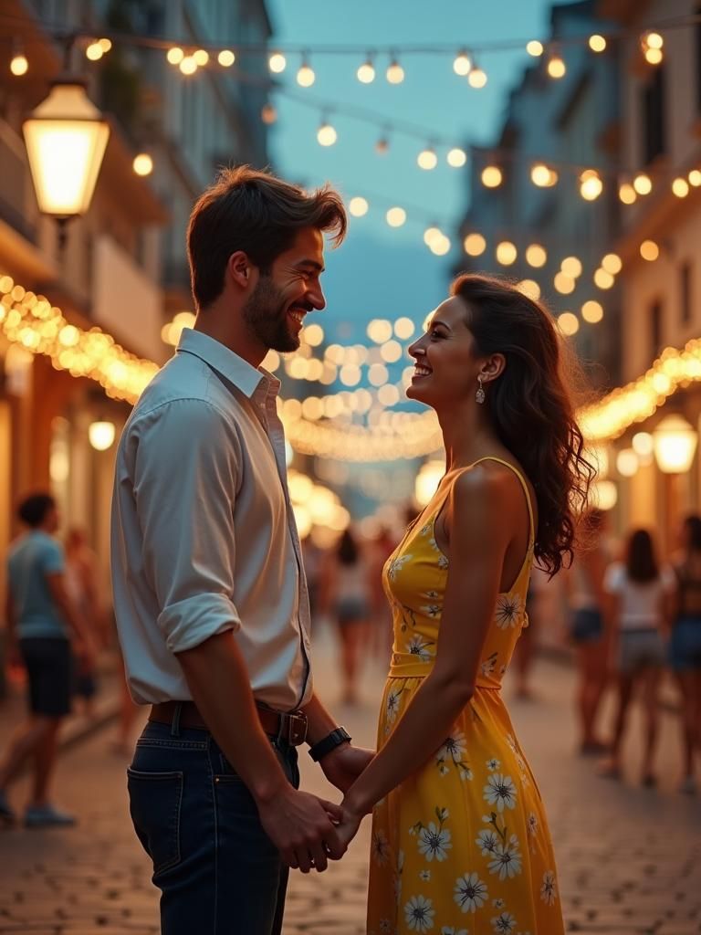 Couple Laughing on City Street at Night