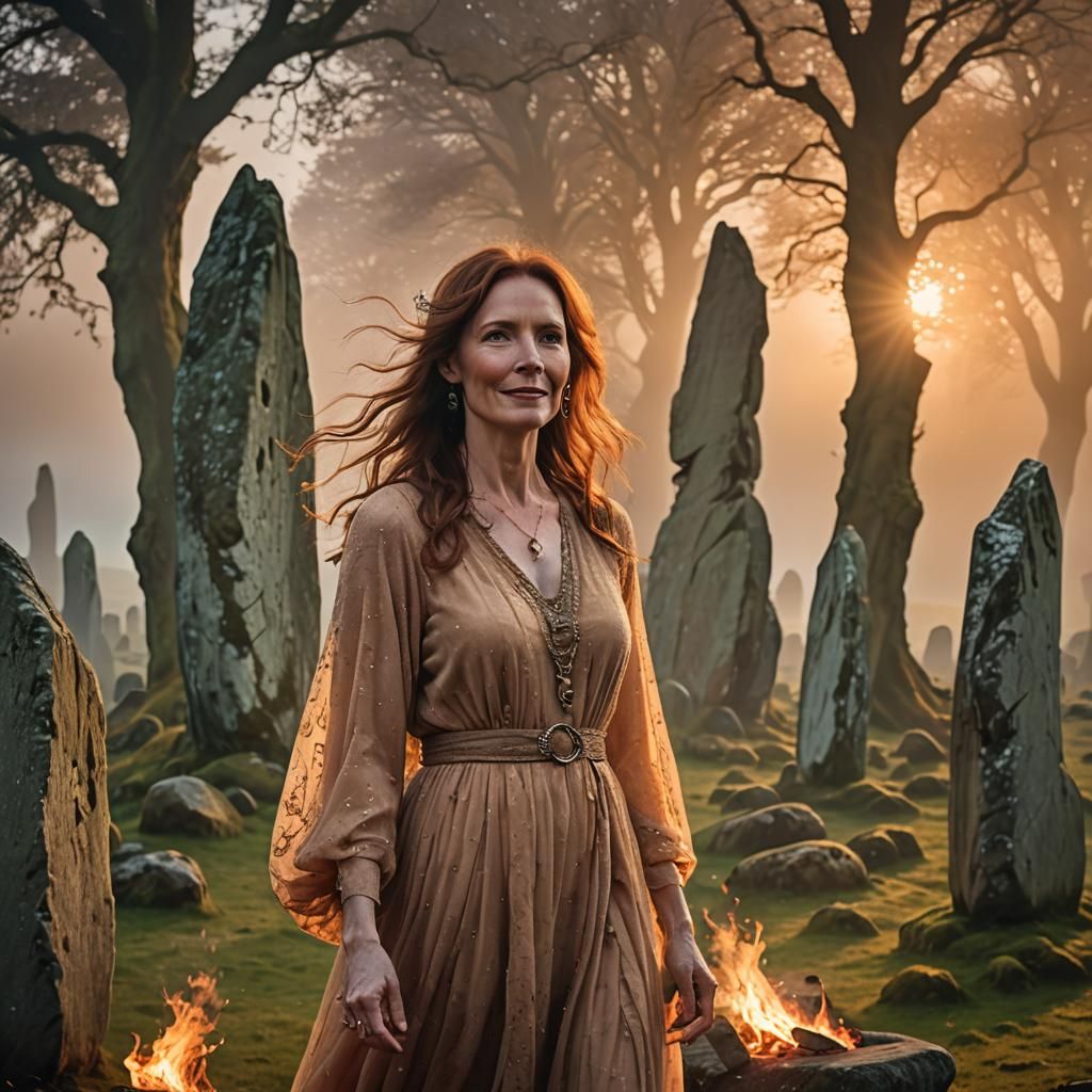 Woman at Standing Stones in Mystical Realism Style