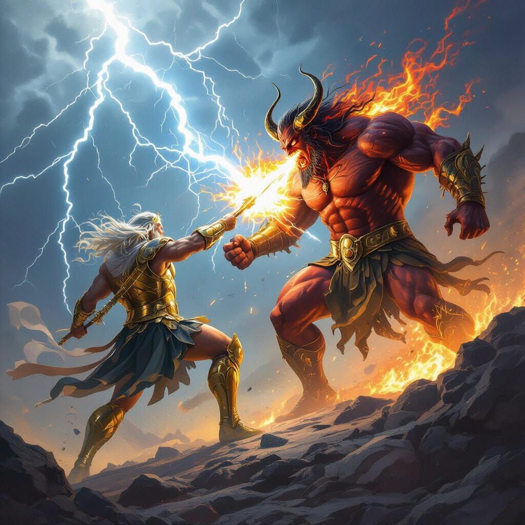 Zeus Battles Fiery Demon on Mount Olympus