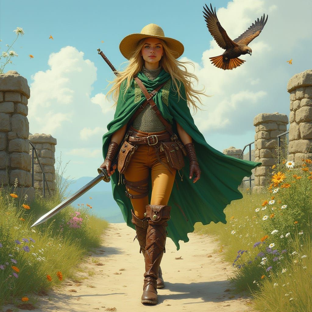 Elf Warrior on Country Road, Fantasy Art Style