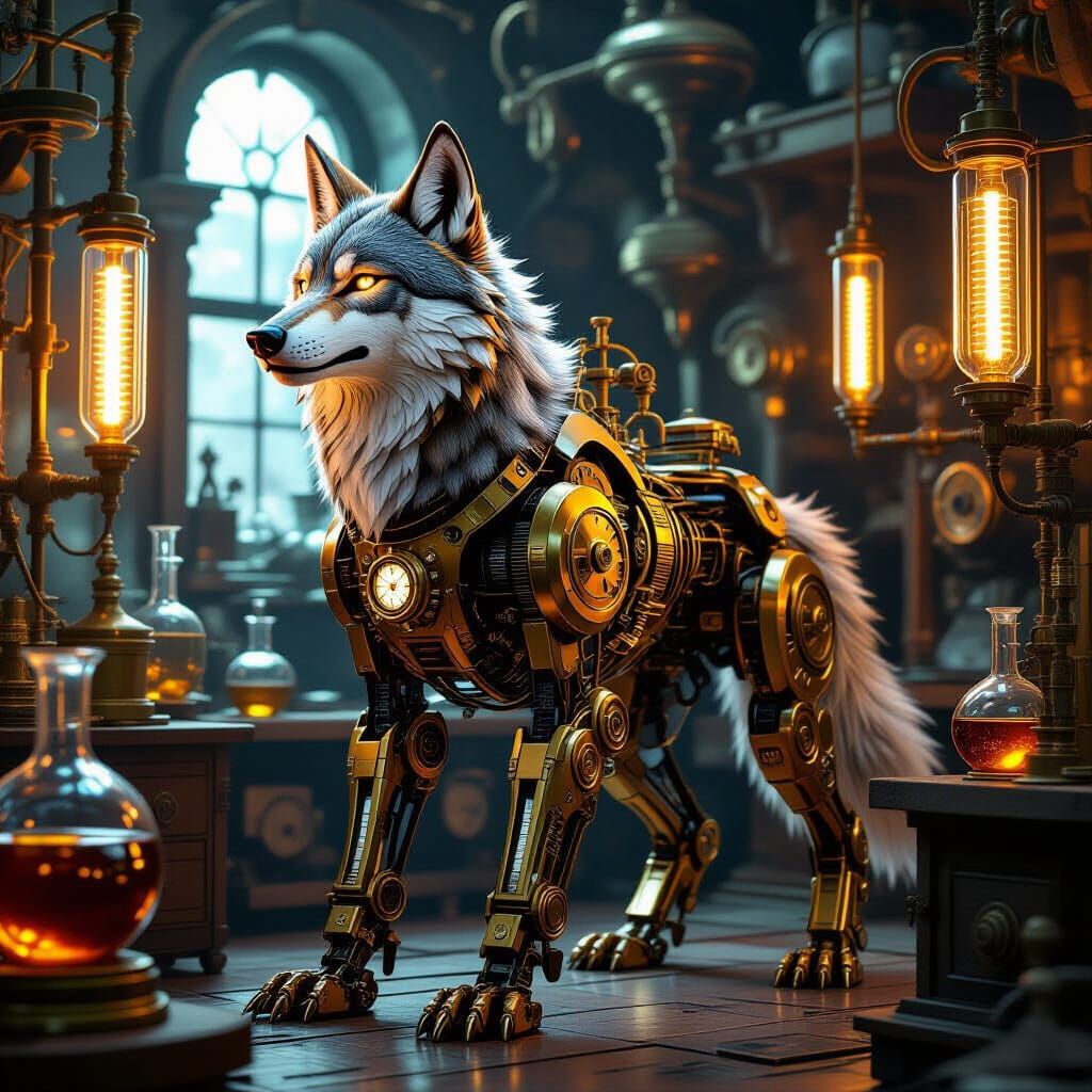 Steampunk Mechanical Wolf in Victorian Lab