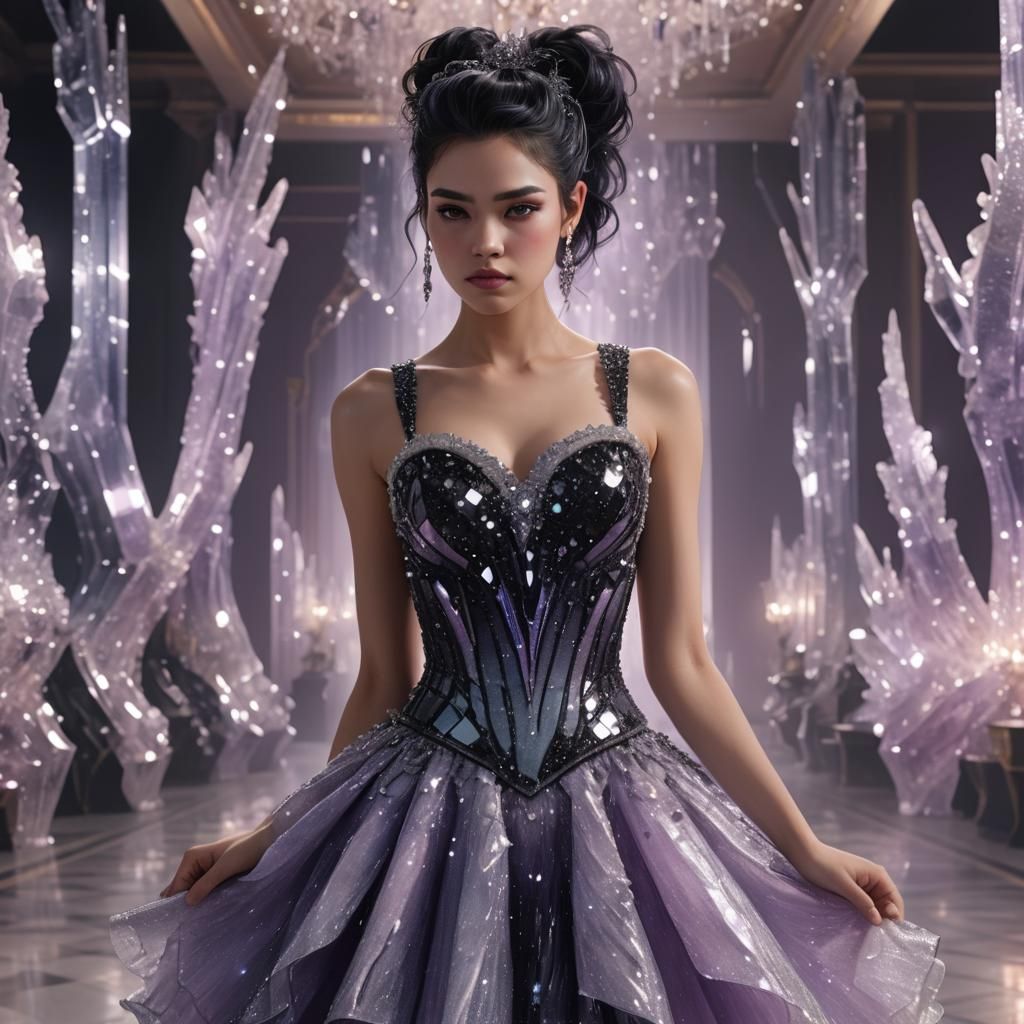 Crystal Dress in Grand Ballroom: Hyperrealistic Digital Art