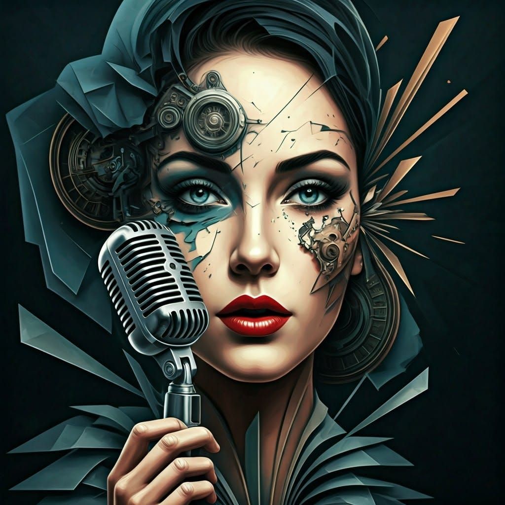 Cubist Jazz Singer with Microphone, Intense Expression