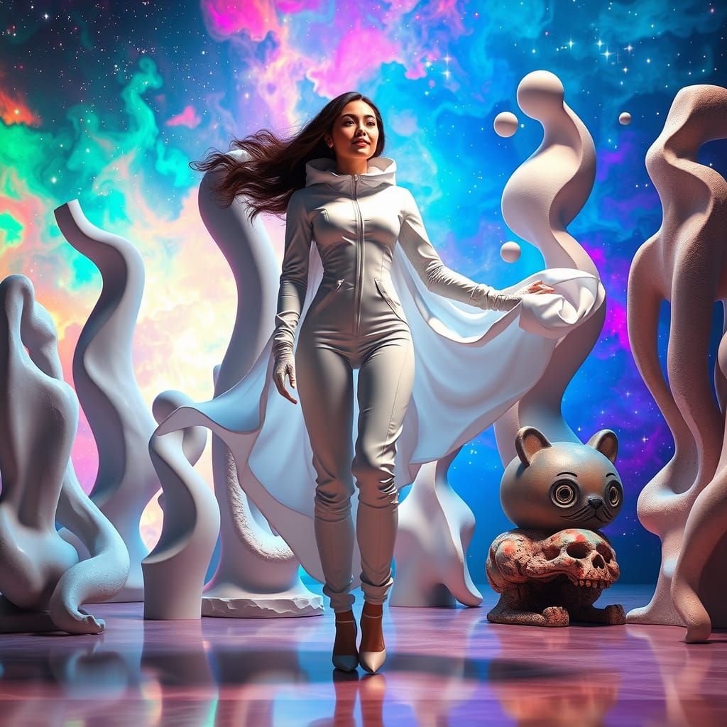 Futuristic Space Goddess Amidst Gravity-Defying Sculptures