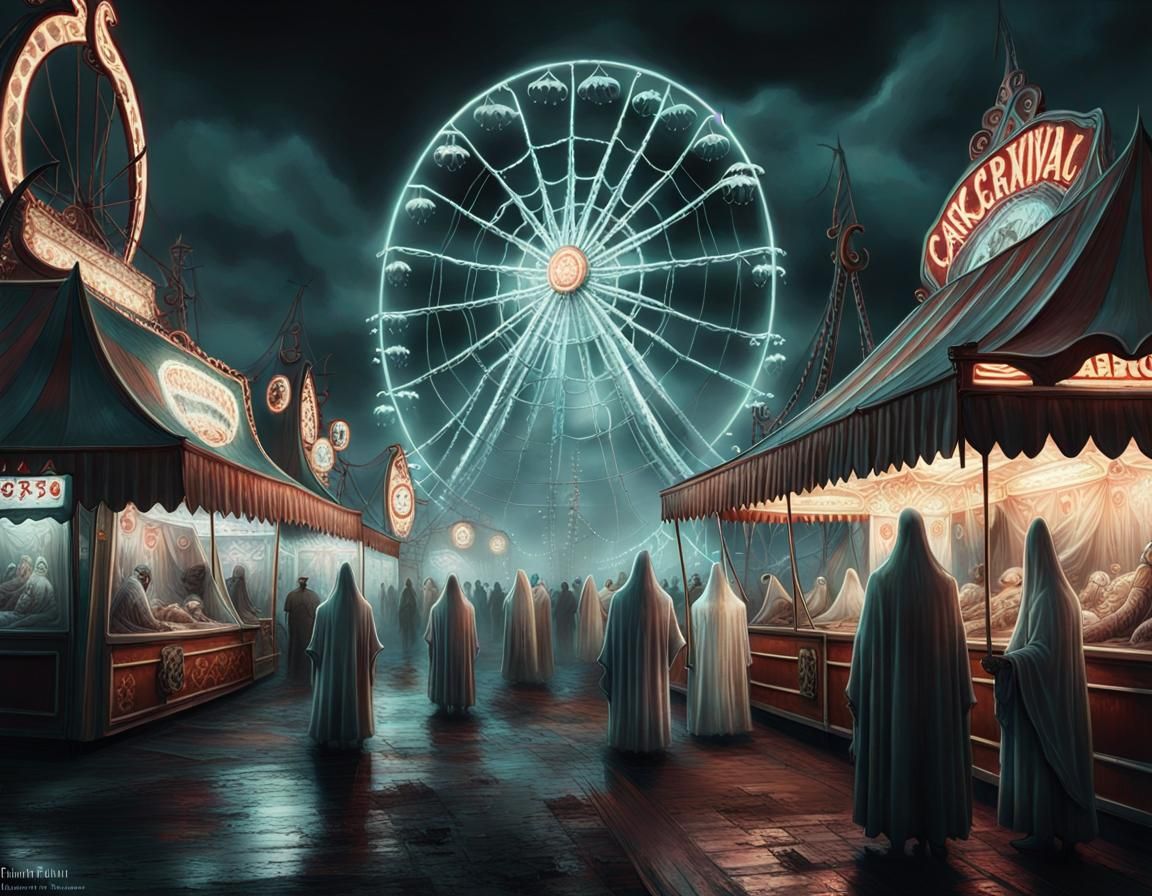 Eerie Ghost Carnival Painting in Lovecraftian Style