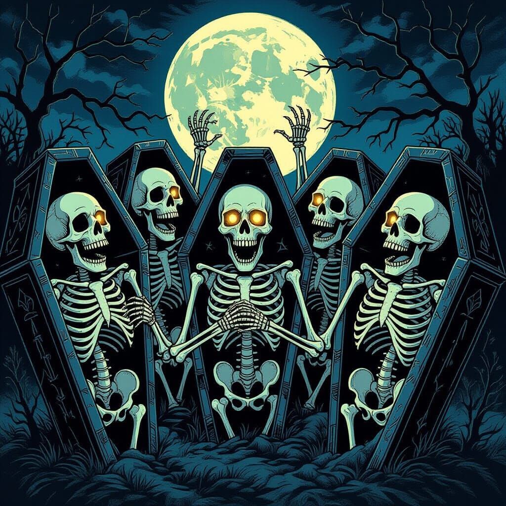 Gothic Horror Skeletons Emerge From Sarcophagi Under Full Mo...