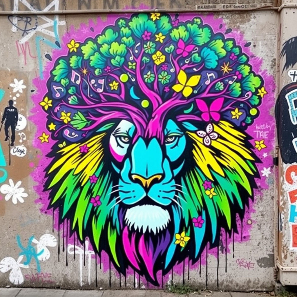 Lion Mural with Tree Mane Street Art