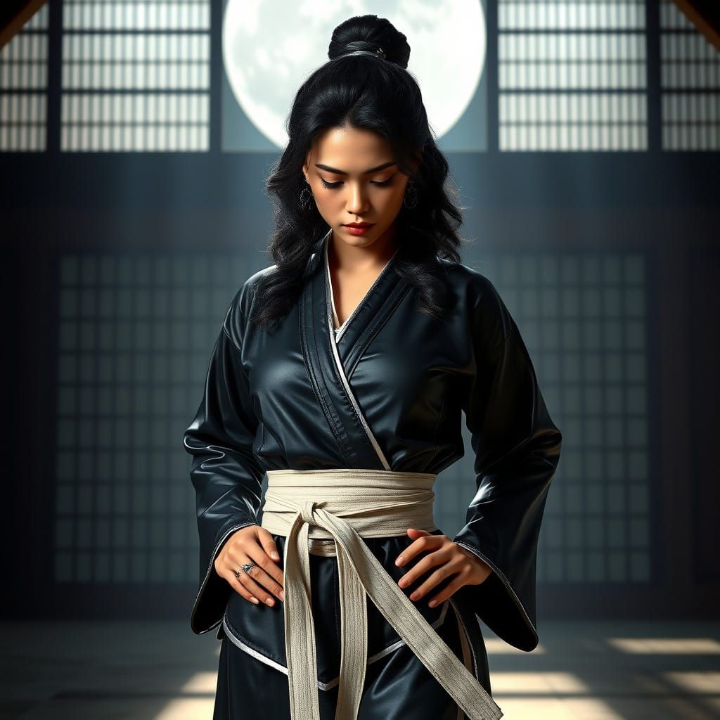 Confident Latina Martial Artist in a Mystical Dojo Setting
