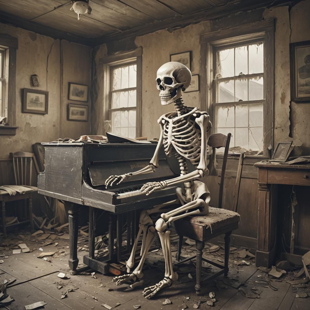 Skeleton Pianist in Abandoned House