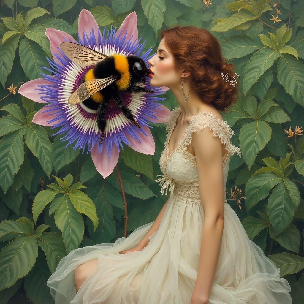 Woman and Bumble Bee in Art Nouveau Style