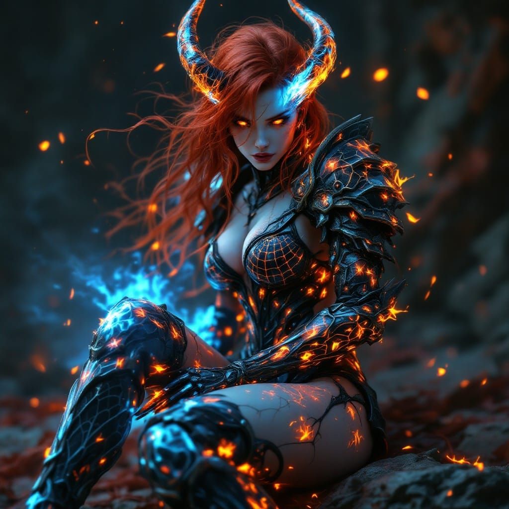 Fiery Female Demon in Intricate Plate Armor