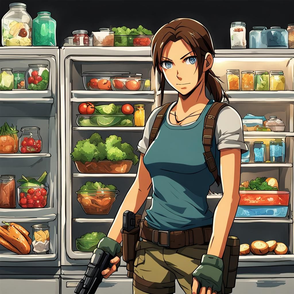 Anime Laura Croft Raids the Fridge