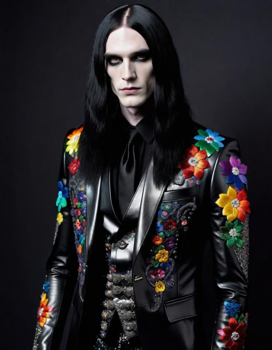 Gothic Man in Rainbow Floral Leather Suit