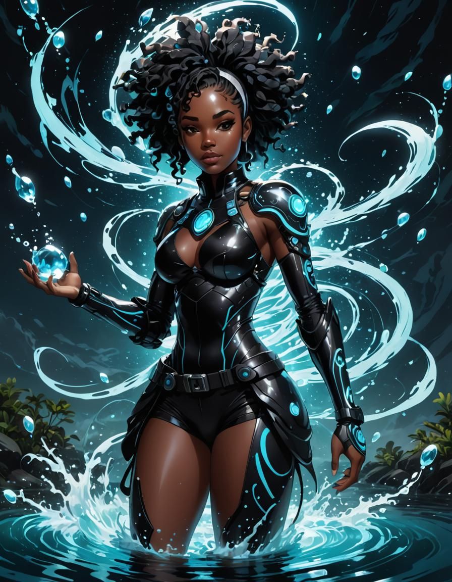 Bioluminescent Water Girl in Holographic Anime Art