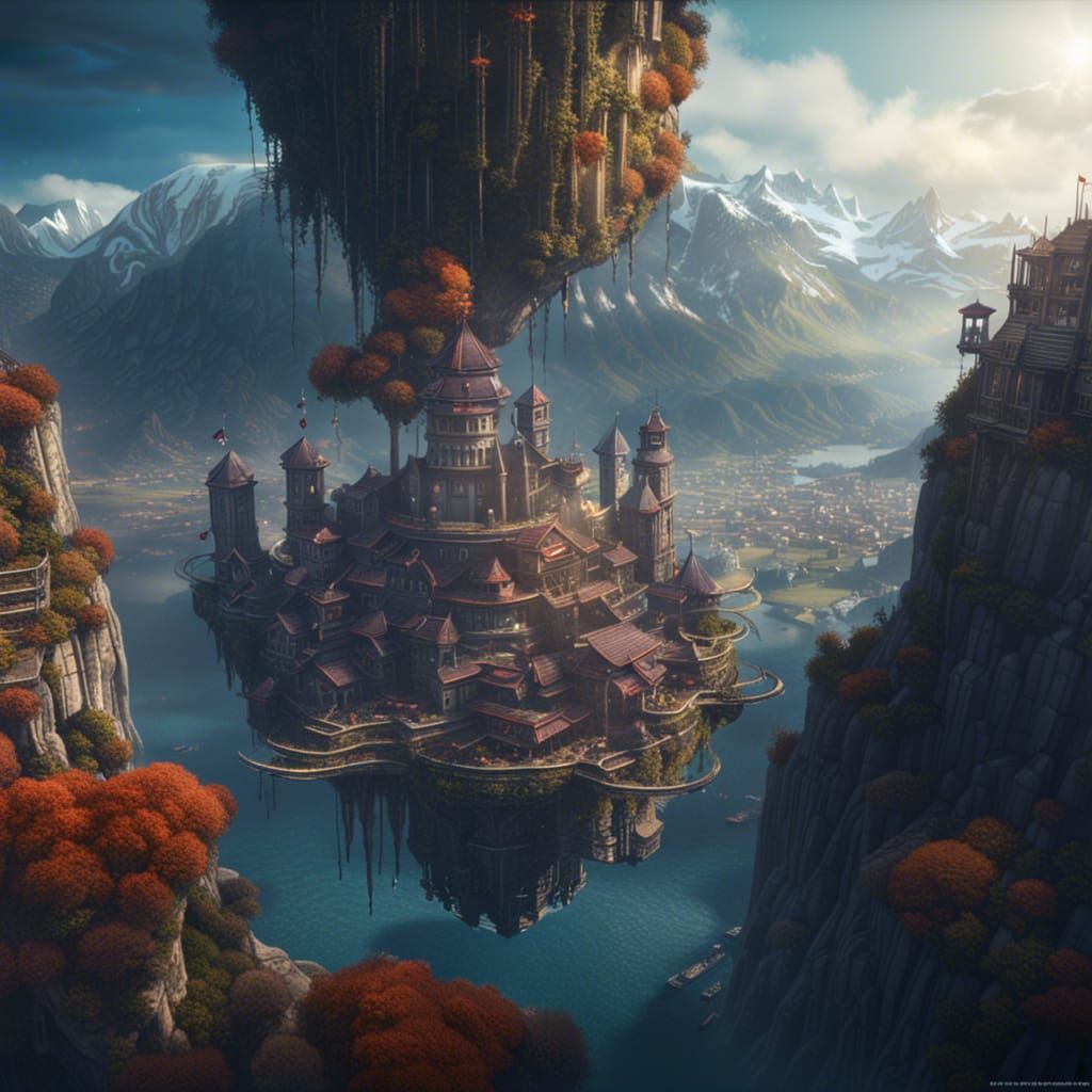 Fantastical Floating City Above Mountain in Detailed Matte P...