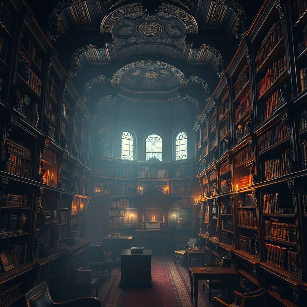 Ethereal Victorian Library in Velvety Darkness