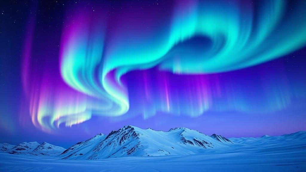 Ethereal Aurora Borealis Swirls Above Snowy Mountains