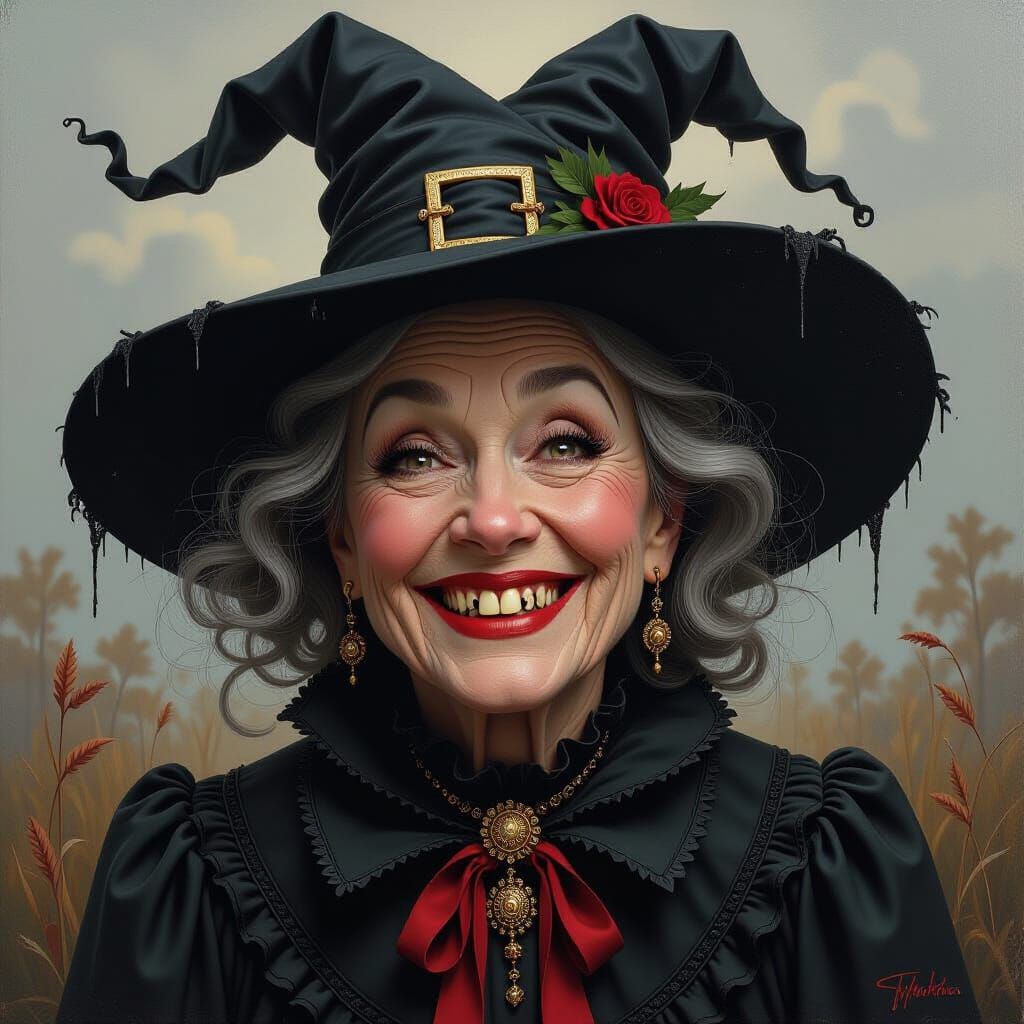Whimsical Scary Witch with Smirk and Rotten Teeth