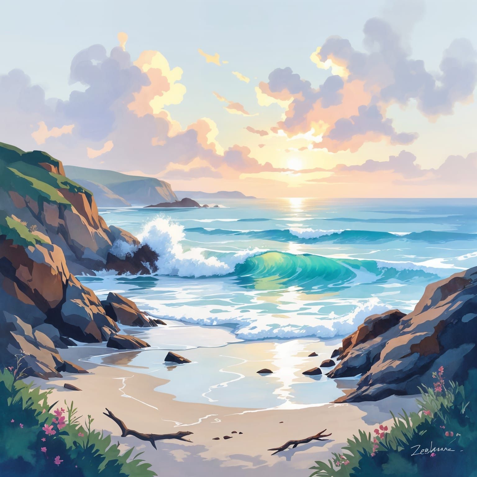 Serene Watercolor Ocean Vista with Rugged Coastline
