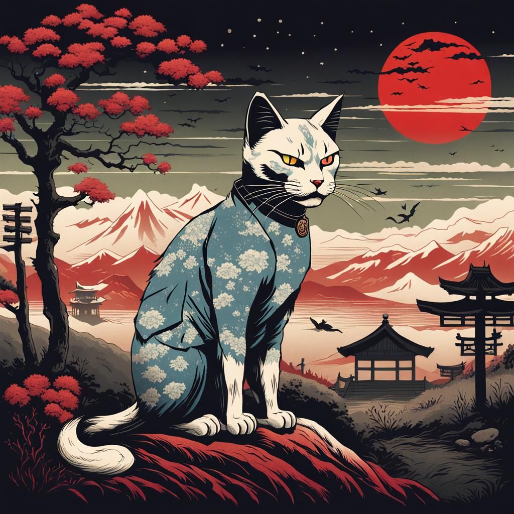 Menacing Cat in Japanese Woodblock Print Style