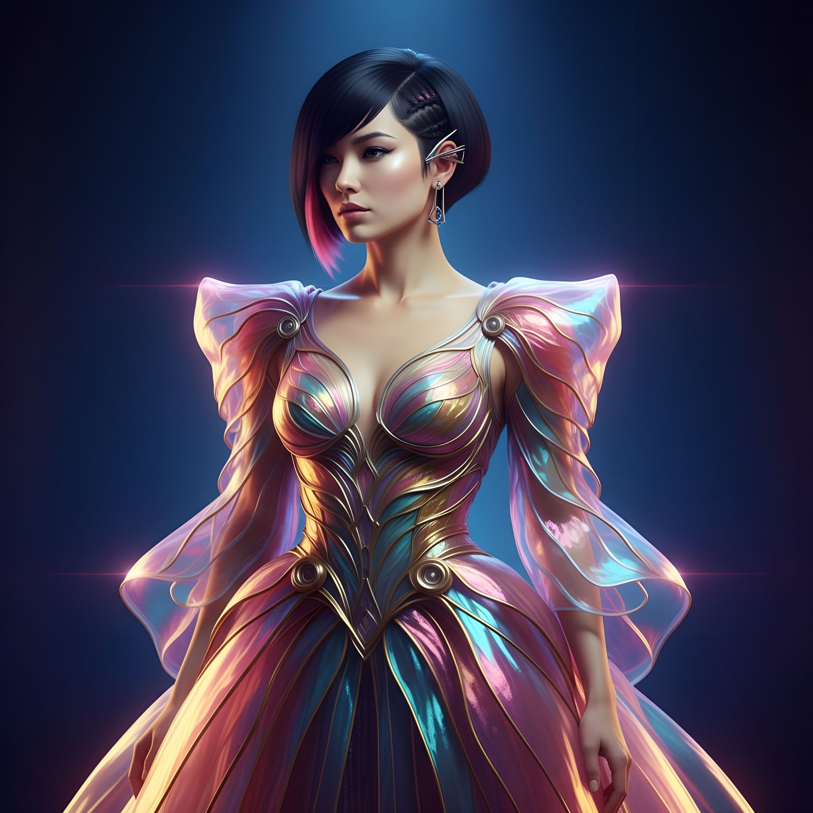 Futuristic Woman in Iridescent Gown: Editorial Portrait