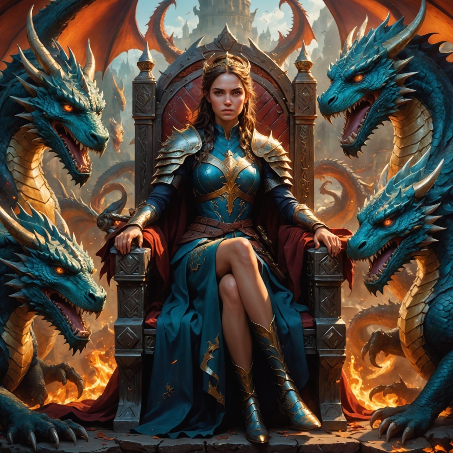Warrior Queen on Throne with Dragons, Hyperrealistic Splash ...