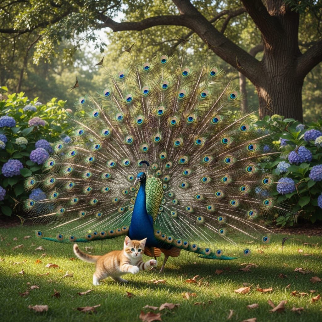 Kitten Tries to Attack Peacock's Fanned Feathers