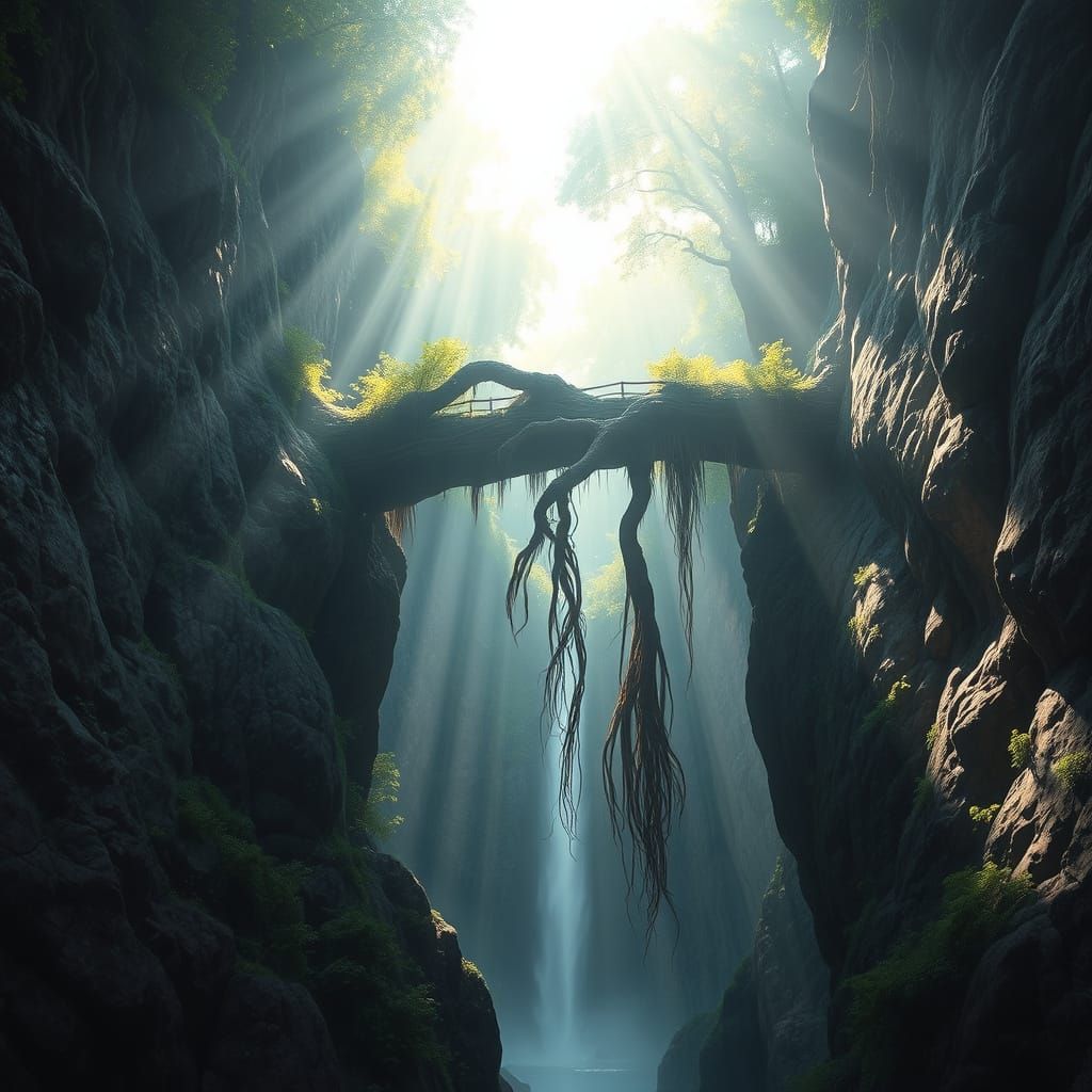 Ancient Bridge Spanning a Serene Ravine in Ethereal Fantasy