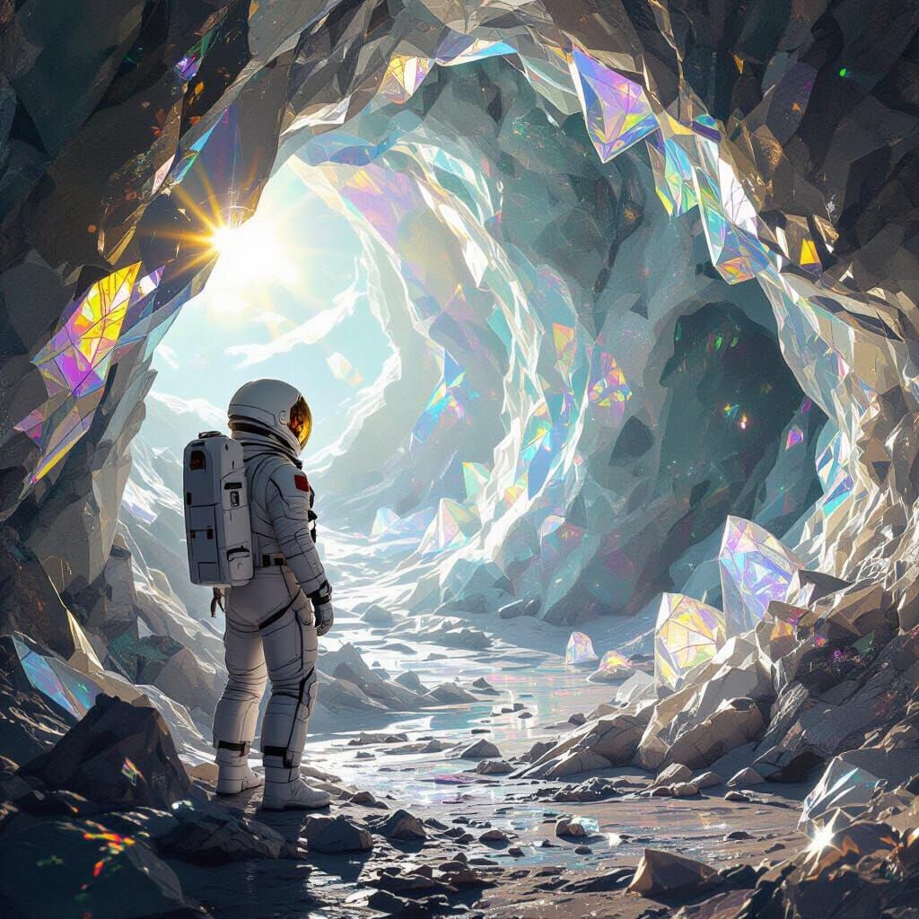 Astronaut Explores Crystal Geode Cavern on Alien Planet
