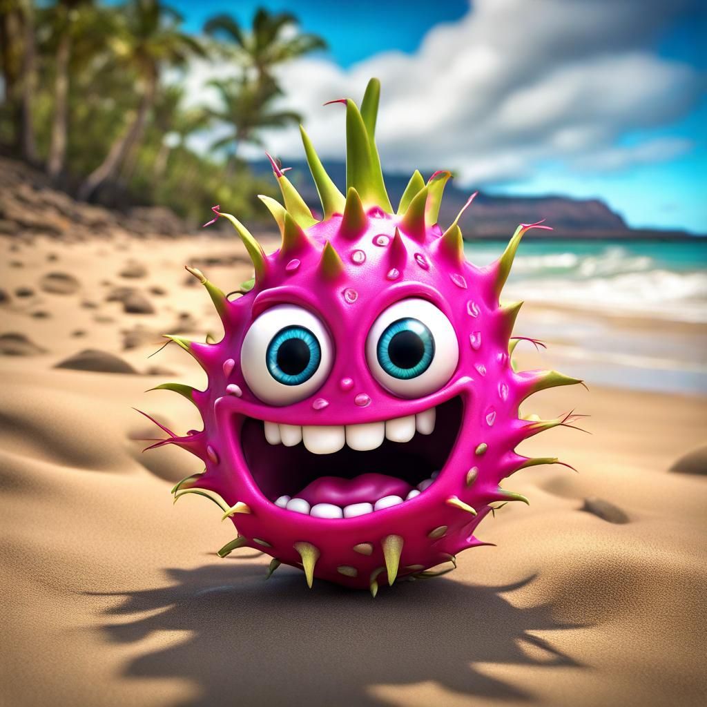 Dragonfruit on Hawaii Beach in Pixar Style