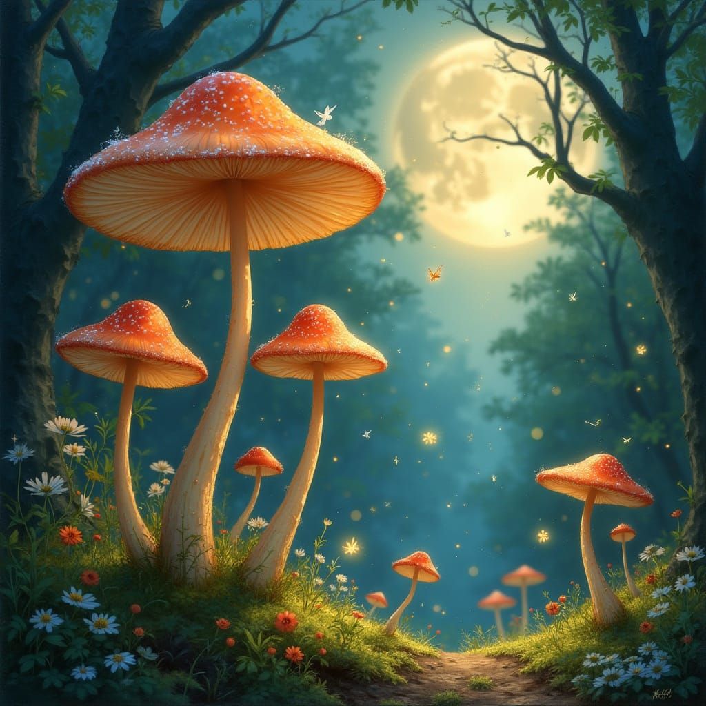 Whimsical Fairy Mushrooms in Lush Forest Landscape