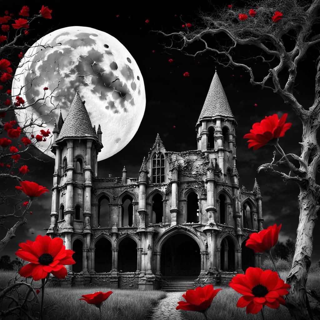 Monochrome Gothic Building Under Giant Moon