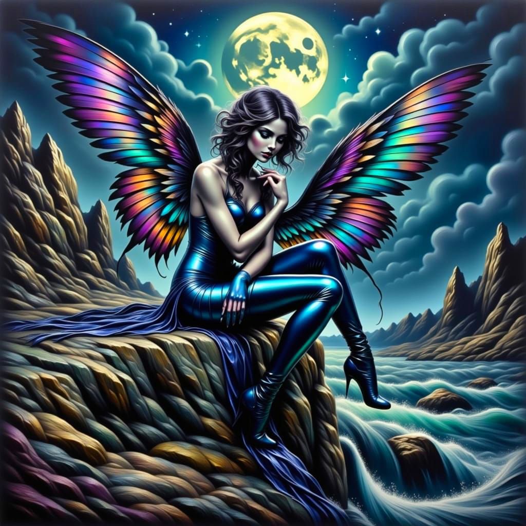 Romantic Goth Fairy Goddess in Moonlit Cliffscape