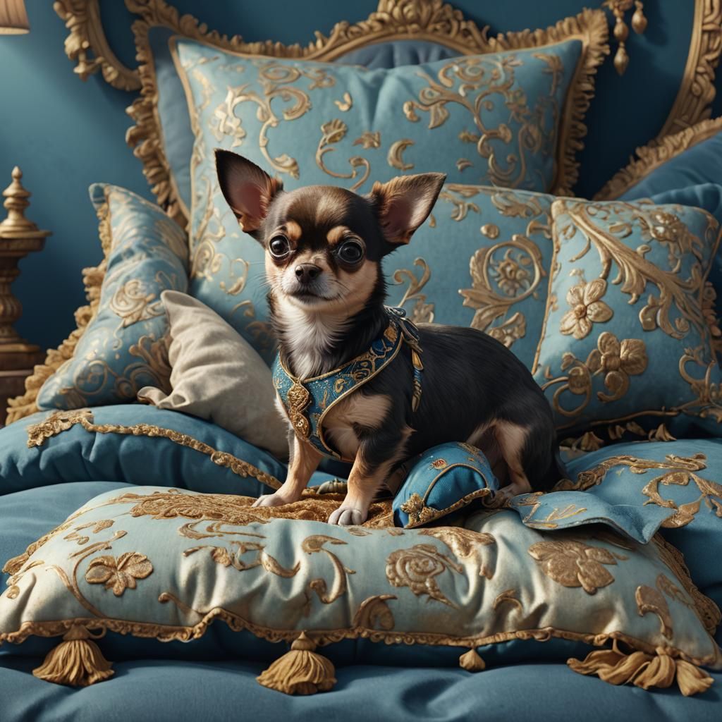 Chihuahua on Blue Bed: Detailed Fantasy Art