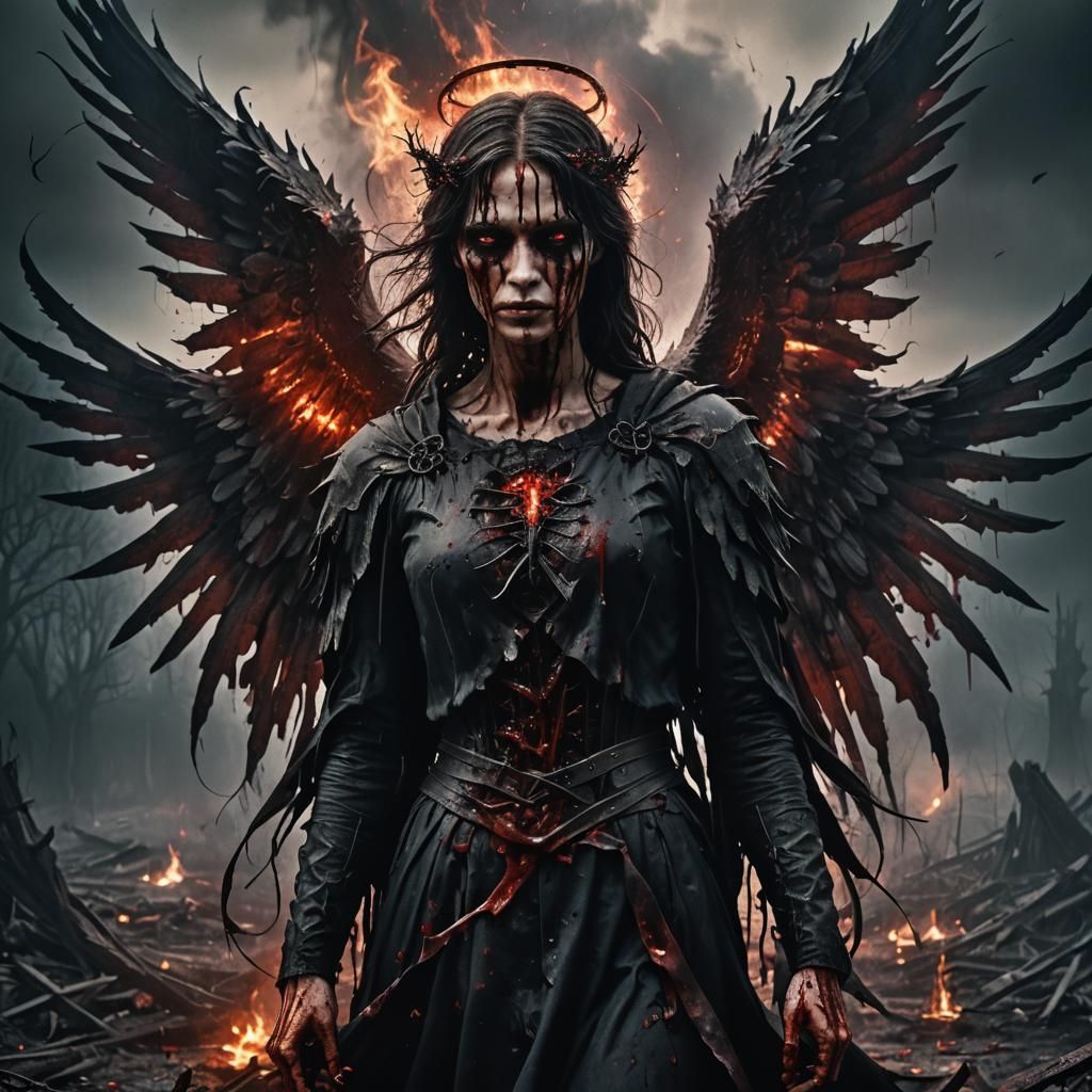 Gothic Horror: Blood Angel in Eerie Landscape