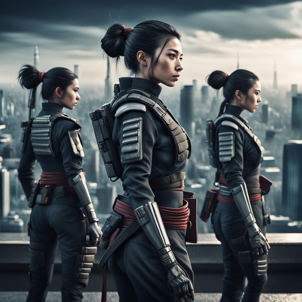 Futuristic Female Shinobi Soldiers in Cyberpunk City