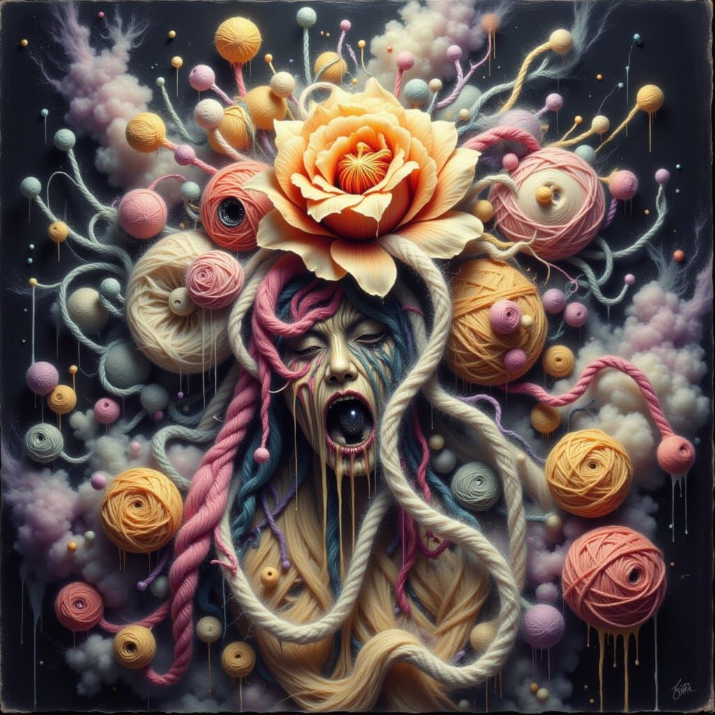 <lora:Yarn Monsters:1.0> <lora:All About The Drip:1.0> Ornate petals : Professional photography : a wispy flower floatin...