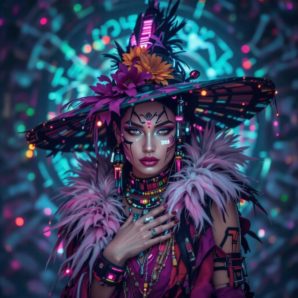 Cyberpunk Tribal Woman in Gritty Surreal Style