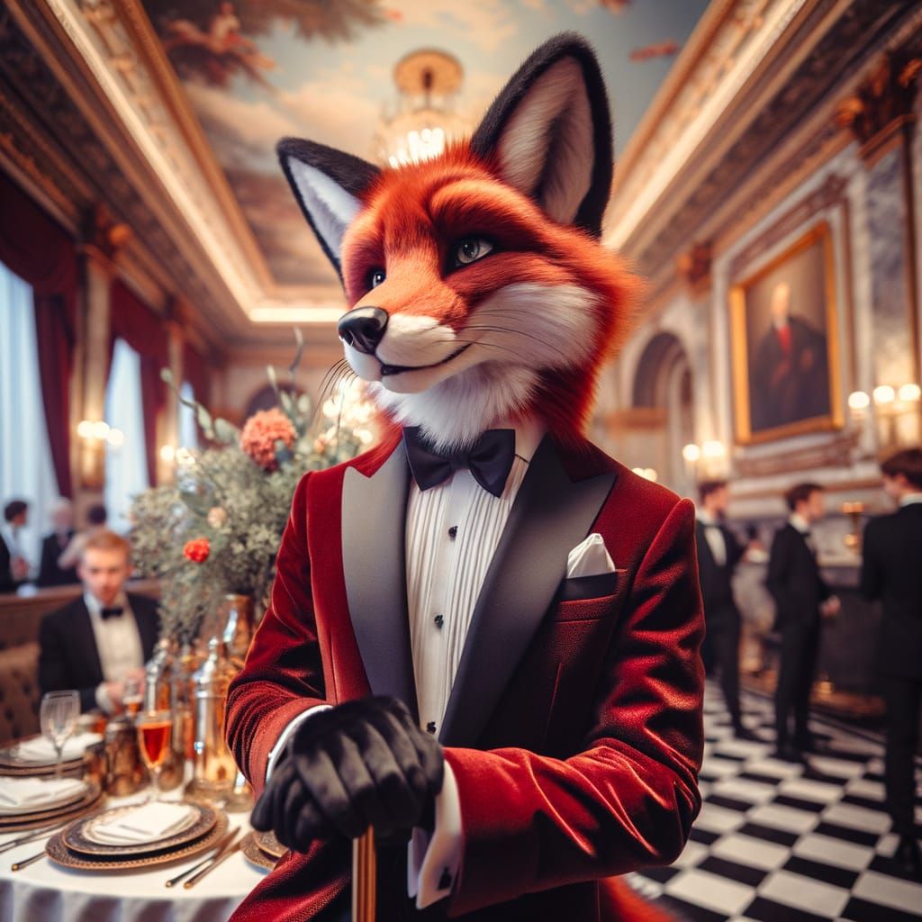 Anthropomorphic Fox in Tuxedo at Elegant Dinner Party
