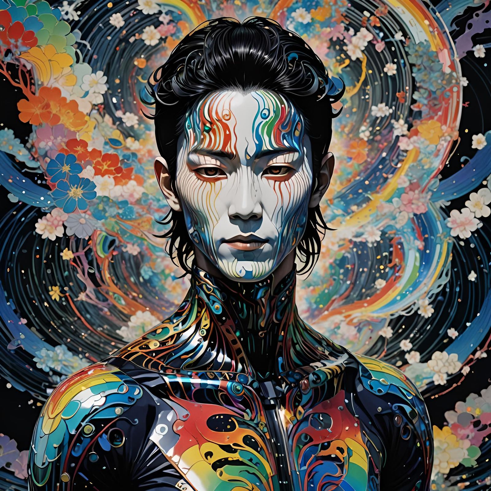 Prismatic Ukiyo-e Avatar in Opalescent Bodysuit