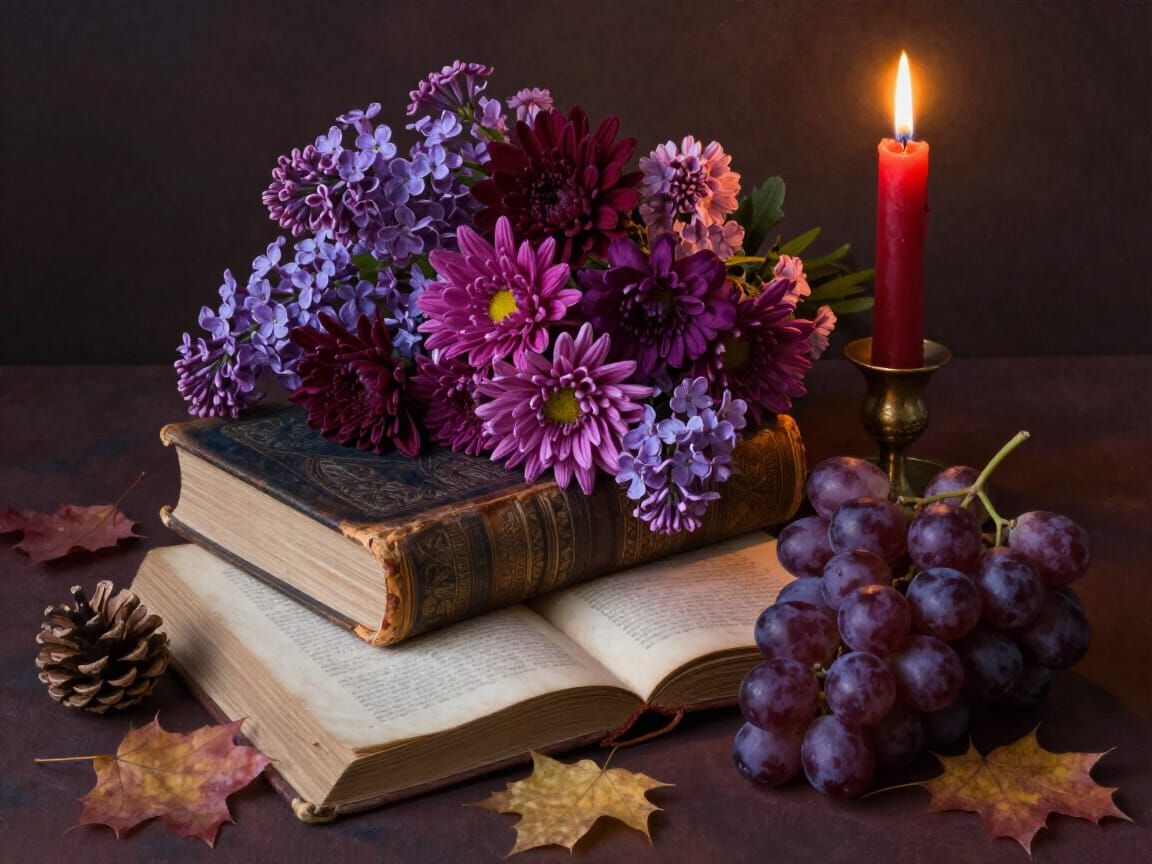 Antique Books and Flowers in Moody Romantic Lighting
