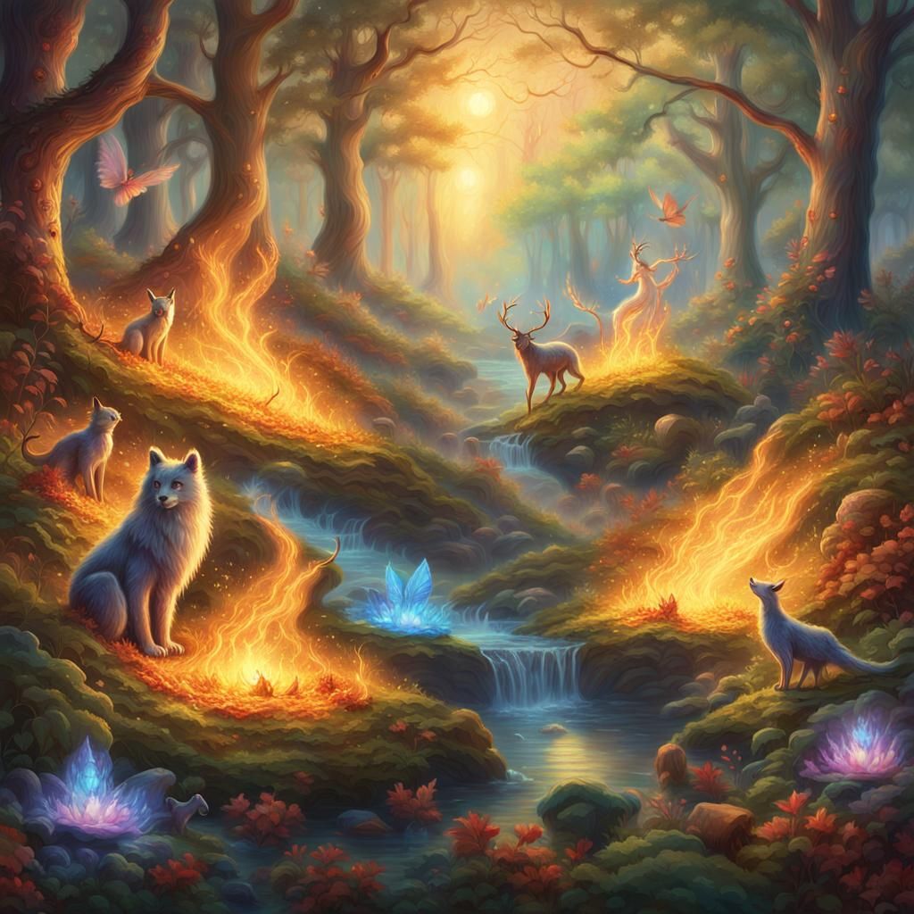 Ethereal Fire Elementals Gathering in Mystic Forest