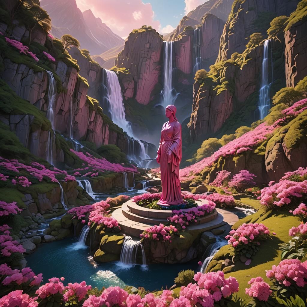 Pink Monument in Mountain Valley, Matte Painting