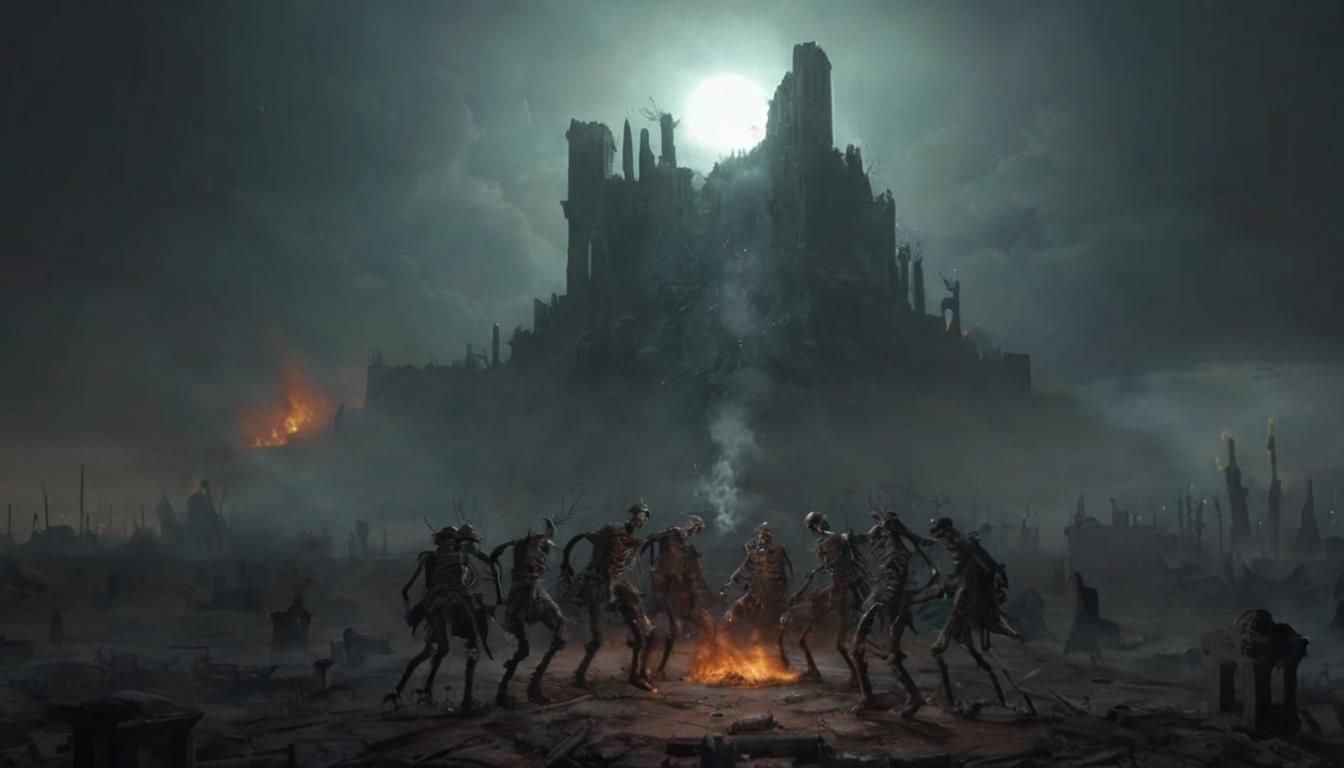 Skeletal Conquistadors Dancing in Apocalyptic Inferno