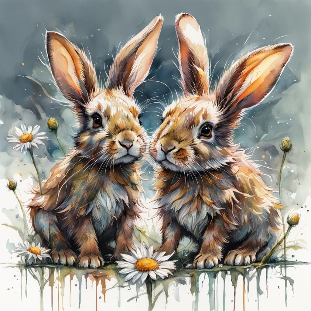 Rabbits on Daisy Stem: Stylized Watercolor Art