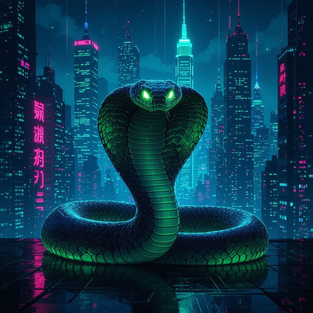 Bioluminescent Cobra Coiled Around Neon Cityscape