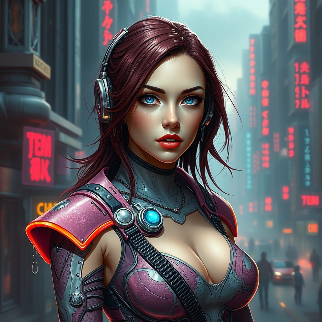 Futuristic Woman in Cyberpunk Dystopian Cityscape
