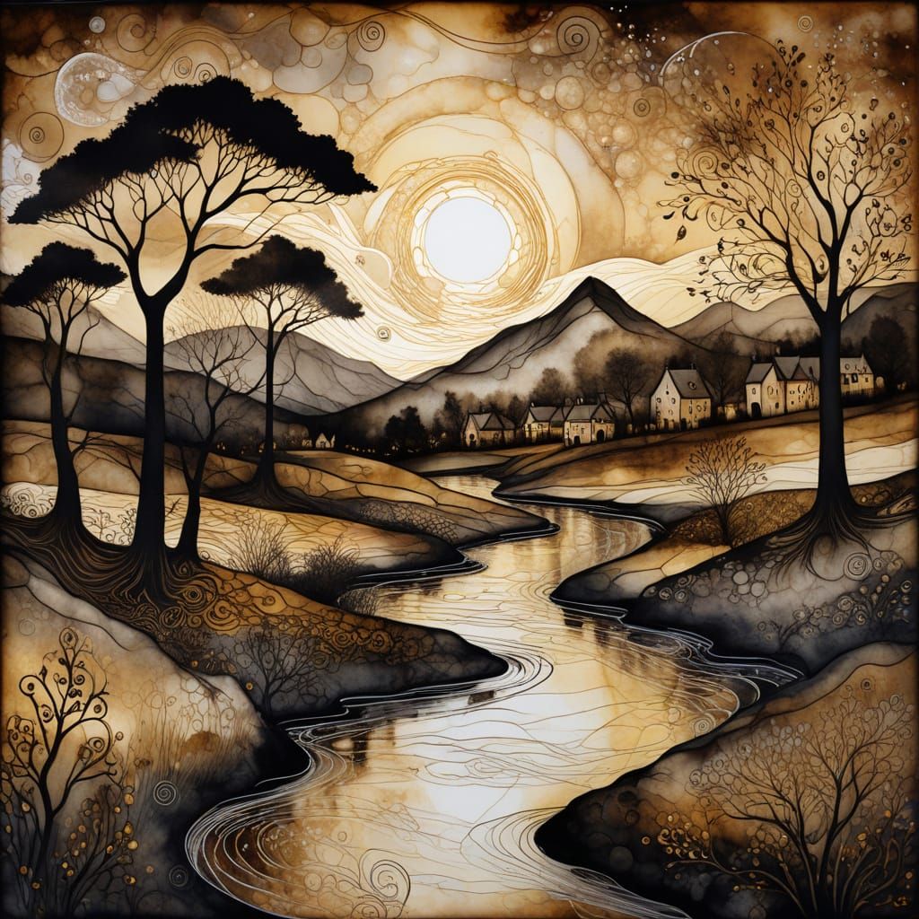 Ethereal Medieval Landscape in Sepia and Bold Lighting